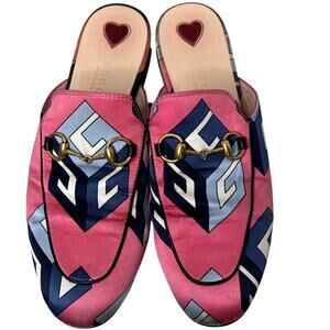 Gucci GG Wallpaper Pink Blue Princetown Satin Loafers size 36 w box & dustbags